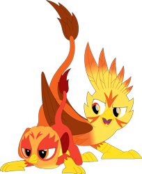 Size: 2913x3568 | Tagged: safe, artist:porygon2z, oc, oc only, oc:blaze, oc:heatwave, griffon, hippogriff, duo, duo male, fledgeling, high res, male, open mouth, simple background, transparent background, vector