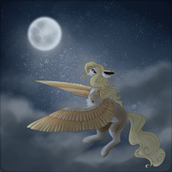 Size: 2400x2400 | Tagged: safe, artist:pokaparida, oc, oc only, oc:mrochina, pegasus, pony, cloud, female, flying, high res, mare, moon, solo