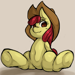 Size: 1543x1543 | Tagged: safe, artist:kyouman1010, color edit, edit, apple bloom, earth pony, pony, g4, applejack's hat, belly button, colored, cowboy hat, female, filly, hat, looking at you, sitting, smiling, solo, spread legs, spreading