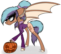 Size: 2698x2395 | Tagged: safe, artist:beamybutt, oc, oc only, bat pony, pony, bat pony oc, bat wings, clothes, colored hooves, ear fluff, eyelashes, halloween, high res, holiday, jack-o-lantern, pumpkin, raised hoof, simple background, solo, transparent background, wings