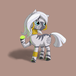 Size: 1280x1280 | Tagged: safe, artist:renatethepony, zecora, pony, zebra, g4, bracelet, brown background, female, jewelry, looking back, mare, raised hoof, simple background, solo