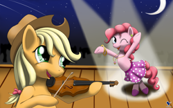 Size: 1680x1050 | Tagged: safe, artist:renatethepony, applejack, pinkie pie, earth pony, pony, g4, bust, clothes, crescent moon, dancing, female, freckles, happy, hat, mare, moon, musical instrument, one eye closed, open mouth, skirt, smiling, transparent moon, violin, wink