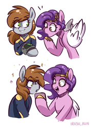 Size: 1582x2222 | Tagged: safe, artist:lrusu, pipp petals, oc, oc:littlepip, pegasus, pony, unicorn, fallout equestria, g5, adorapipp, blushing, clothes, cute, duo, eye clipping through hair, eyebrows, eyebrows visible through hair, female, folded wings, grin, hoof polish, jewelry, jumpsuit, mare, missing horn, name pun, ocbetes, open mouth, open smile, phone, pipabetes, pipbuck, signature, simple background, smiling, that pony sure does love phones, tiara, vault suit, white background, wings, wrong eye color