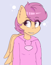 Size: 1920x2450 | Tagged: safe, artist:lucky-em, scootaloo, pegasus, anthro, g4, clothes, eyelashes, female, gray background, hoodie, simple background, smiling, solo, wings