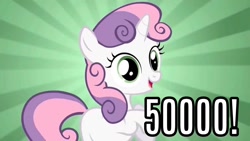Size: 1280x720 | Tagged: safe, edit, edited screencap, screencap, sweetie belle, pony, unicorn, derpibooru, 50000, abstract background, caption, female, filly, green eyes, horn, meta, milestone, open mouth, open smile, rearing, smiling, solo, tags, tail, text, two toned mane, two toned tail