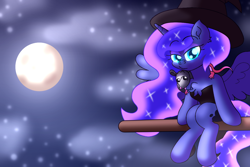 Size: 4800x3200 | Tagged: safe, artist:iceflower99, princess luna, tiberius, g4, chest fluff, clothes, costume, halloween, halloween costume, holiday, night, nightmare night, nightmare night costume, source in the description, speedpaint