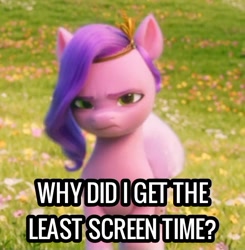 Size: 720x735 | Tagged: safe, edit, edited screencap, screencap, pipp petals, pegasus, pony, g5, my little pony: a new generation, spoiler:g5, spoiler:my little pony: a new generation, angry, caption, eyebrows, female, flower, folded wings, grass, image macro, mare, outdoors, pipp petals is not amused, purple mane, solo, text, wings