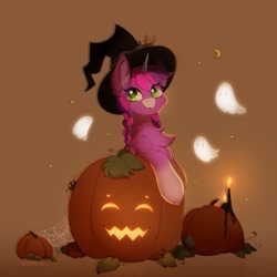 Size: 1667x1667 | Tagged: safe, artist:nyota71, oc, oc only, oc:bloom moonbeam, ghost, pony, spider, undead, unicorn, candle, chest fluff, commission, halloween, hat, holiday, jack-o-lantern, looking at you, moon, pumpkin, smiling, solo, witch hat, ych result