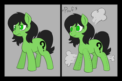 Size: 2400x1600 | Tagged: safe, artist:happy harvey, oc, oc only, oc:filly anon, earth pony, pony, black mane, black tail, colored pupils, earth pony oc, female, filly, forced smile, green eyes, inanimate tf, onomatopoeia, phone drawing, plushie, plushification, poof, smiling, solo, standing, tail, transformation