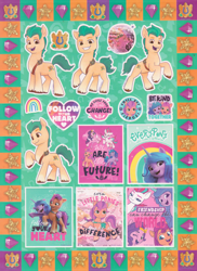 Size: 1200x1644 | Tagged: safe, hitch trailblazer, izzy moonbow, pipp petals, sunny starscout, zipp storm, earth pony, pegasus, pony, unicorn, g5, my little pony: a new generation, abstract background, female, male, mane five, mare, scan, stallion, sticker