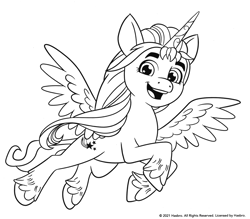 Size: 1884x1651 | Tagged: safe, sunny starscout, alicorn, pony, g5, my little pony: a new generation, alicornified, artificial wings, augmented, black and white, coloring page, eyebrows, female, grayscale, horn, magic, magic horn, magic wings, mare, monochrome, race swap, scan, simple background, sunnycorn, white background, wings