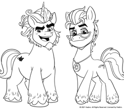 Size: 1889x1665 | Tagged: safe, alphabittle blossomforth, argyle starshine, earth pony, pony, unicorn, g5, my little pony: a new generation, black and white, coloring page, grayscale, male, monochrome, scan, simple background, stallion, white background