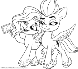 Size: 1877x1669 | Tagged: safe, pipp petals, zipp storm, pegasus, pony, g5, my little pony: a new generation, black and white, cellphone, coloring page, cringing, female, grayscale, mare, monochrome, phone, scan, siblings, simple background, sisters, smartphone, white background, zipp storm is not amused