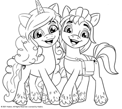 Size: 1884x1672 | Tagged: safe, izzy moonbow, sunny starscout, earth pony, pony, unicorn, g5, my little pony: a new generation, black and white, coloring page, female, grayscale, mare, monochrome, scan, simple background, white background