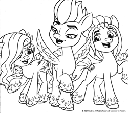 Size: 1890x1669 | Tagged: safe, pipp petals, sunny starscout, zipp storm, earth pony, pegasus, pony, g5, my little pony: a new generation, black and white, coloring page, female, grayscale, mare, monochrome, scan, simple background, white background