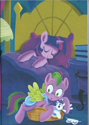 Size: 1766x2476 | Tagged: safe, rarity, spike, twilight sparkle, alicorn, pegasus, pony, g4, my little pony. poni nimeltä spike, bed, book, implied shipping, implied sparity, implied straight, male, plushie, ponified, ponified spike, rarity plushie, sleeping, species swap, spread wings, stallion, twilight sparkle (alicorn), wingboner, wings