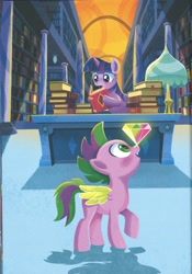Size: 1729x2464 | Tagged: safe, spike, twilight sparkle, alicorn, pegasus, pony, a pony named spike, g4, balancing, book, bookshelf, gem, male, ponies balancing stuff on their nose, ponified, ponified spike, species swap, stallion, twilight sparkle (alicorn)