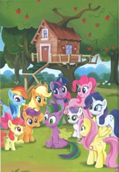 Size: 1717x2464 | Tagged: safe, apple bloom, applejack, fluttershy, pinkie pie, rainbow dash, rarity, scootaloo, spike, sweetie belle, twilight sparkle, alicorn, earth pony, pony, unicorn, a pony named spike, g4, apple, apple tree, book, clubhouse, crusaders clubhouse, cutie mark crusaders, male, mane seven, mane six, ponified, ponified spike, species swap, stallion, tree, twilight sparkle (alicorn)