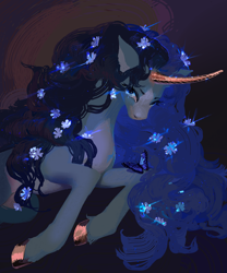 Size: 2500x3000 | Tagged: safe, artist:yanisfucker, oc, oc only, butterfly, pony, unicorn, concave belly, curved horn, female, flower, flower in hair, high res, horn, long mane, looking at you, mare, solo
