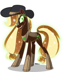 Size: 3546x4000 | Tagged: safe, artist:orin331, part of a set, applejack, earth pony, pony, g4, applejack's hat, armor, cowboy hat, evil, eyelashes, female, freckles, glare, hair tie, hat, high res, hoof shoes, jewelry, mare, nightmare applejack, nightmarified, part of a series, regalia, simple background, solo, stetson, tail, tail wrap, transparent background