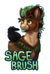 Size: 1200x1800 | Tagged: safe, artist:sursiq, oc, oc only, oc:sagebrush, bird, earth pony, pony, raven (bird), :p, badge, clothes, colored pinnae, colored tongue, costume, dappled sunlight, druid, earth pony oc, green eyes, green tongue, male, multicolored hair, multicolored mane, name, outline, ponyville ciderfest, shading, simple background, smiling, solo, stallion, text, tongue out, transparent background
