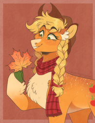 Size: 1096x1403 | Tagged: safe, artist:wanderingpegasus, applejack, earth pony, pony, g4, alternate hairstyle, applejack day, applejack's hat, autumn, braid, chest fluff, clothes, coat markings, colored ears, cowboy hat, cute, ear fluff, eyebrows, eyebrows visible through hair, facial markings, female, freckles, grin, hat, jackabetes, leaf, maple leaf, mare, markings, pale belly, pigtails, red background, scarf, simple background, smiling, snip (coat marking), socks (coat markings), solo, unshorn fetlocks