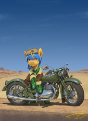 Size: 2500x3412 | Tagged: safe, artist:1jaz, oc, oc only, oc:desert storm, pony, unicorn, fanfic:revanchism, beret, bodysuit, bomber jacket, cigarette, clothes, commission, desert, ear fluff, engine, fanfic art, female, hat, high res, horn, jacket, mare, military, motorcycle, patch, road, sergeant, smoking, soldier, solo, story art, thousand yard stare, unicorn oc, uniform