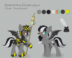Size: 3500x2832 | Tagged: safe, artist:burû, oc, oc only, oc:dusk avenheart, bat pony, pony, armor, bat pony oc, bat wings, chest fluff, ear fluff, eye clipping through hair, eyebrows, eyebrows visible through hair, frown, gray background, heterochromia, high res, looking at you, male, night guard, open mouth, open smile, polearm, reference sheet, simple background, smiling, smiling at you, solo, spread wings, stallion, wings