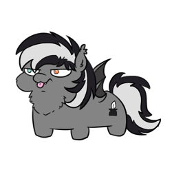 Size: 1000x1000 | Tagged: safe, artist:sorajona, oc, oc only, oc:dusk avenheart, bat pony, pony, :p, bat pony oc, bat wings, chest fluff, eye clipping through hair, heterochromia, male, simple background, solo, squatpony, stallion, tongue out, white background, wings