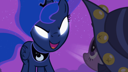 Size: 1920x1080 | Tagged: safe, screencap, princess luna, twilight sparkle, alicorn, pony, unicorn, g4, luna eclipsed, season 2, clothes, cosplay, costume, female, glowing, glowing eyes, mare, nightmare night costume, star swirl the bearded costume, traditional royal canterlot voice, twilight the bearded