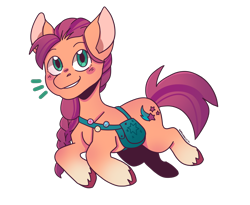 Size: 2200x1800 | Tagged: safe, artist:dragnoodlez, sunny starscout, earth pony, pony, g5, my little pony: a new generation, backwards cutie mark, bag, blush sticker, blushing, colored hooves, female, mare, satchel, simple background, smiling, solo, transparent background, unshorn fetlocks
