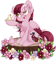 Size: 1000x1106 | Tagged: safe, artist:loyaldis, oc, oc only, oc:dusty ember, bird, pegasus, pony, chest fluff, commission, cute, flower, simple background, solo, transparent background, ych result