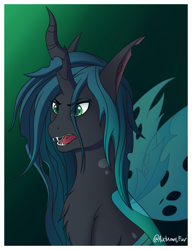 Size: 2282x2964 | Tagged: safe, artist:autumnsfur, queen chrysalis, changeling, changeling queen, anthro, g4, angry, annoyed, chest fluff, digital art, evil laugh, fangs, female, high res, laughing, mare, open mouth, simple background, solo