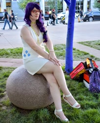 Size: 1080x1321 | Tagged: safe, rarity, human, g4, clothes, cosplay, costume, cutie mark, cutie mark on clothes, denver comic con, glasses, irl, irl human, jewelry, measuring tape, necklace, pearl necklace, photo, sitting
