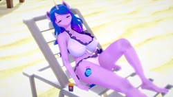 Size: 1600x900 | Tagged: safe, artist:mistpony, izzy moonbow, unicorn, anthro, plantigrade anthro, g5, my little pony: a new generation, 3d, beach, big breasts, bikini, breasts, busty izzy moonbow, chair, clothes, eyes closed, huge breasts, koikatsu, relaxing, swimsuit