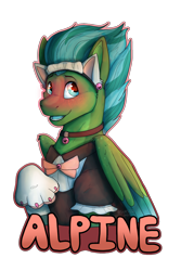 Size: 1200x1800 | Tagged: safe, artist:sursiq, oc, oc only, oc:alpine, pegasus, pony, badge, blushing, cat ears, cat paws, clothes, costume, crossdressing, maid, male, name, open mouth, open smile, paws, pegasus oc, ponyville ciderfest, simple background, smiling, solo, text, transparent background