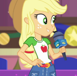 Size: 552x541 | Tagged: safe, edit, edited screencap, screencap, applejack, human, equestria girls, g4, my little pony equestria girls: better together, belt, belt buckle, clothes, collar, cowboy hat, cute, female, hand on hip, hat, jackabetes, microphone, ponytail, shirt, skirt, smiling, t-shirt, teenager