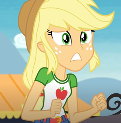 Size: 485x496 | Tagged: safe, edit, edited screencap, screencap, applejack, equestria girls, g4, my little pony equestria girls: better together, belt, clothes, collar, cowboy hat, cute, denim, denim skirt, female, gritted teeth, hat, nervous, ponytail, shirt, skirt, t-shirt, teenager, worried