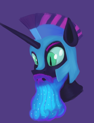 Size: 1348x1764 | Tagged: safe, artist:iron curtain, nightmare moon, alicorn, pony, g4, beard, bust, darkhorse knight, ethereal beard, facial hair, male, moustache, ponytober, purple background, rule 63, simple background, solo, stallion