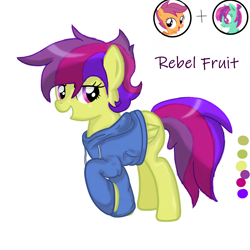 Size: 3200x3200 | Tagged: safe, artist:taeko, banana bliss, scootaloo, oc, oc only, oc:rebel fruit, pegasus, pony, g4, bad shading, blue hoodie, clothes, colors, fanart, folded wings, green fur, high res, hoodie, lidded eyes, looking at you, magical lesbian spawn, multicolored mane, multicolored tail, offspring, parent:banana bliss, parent:scootaloo, parents:bananaloo, purple eyes, purple mane, purple tail, simple background, smiling, smiling at you, solo, tail, teeth, text, white background, wings