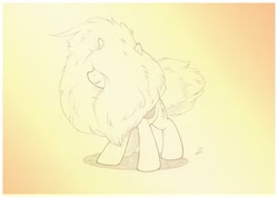 Size: 999x706 | Tagged: safe, artist:sherwoodwhisper, oc, oc only, oc:eri, pony, unicorn, cape, clothes, conditioner, female, filly, fluffy, fluffy tail, hair over eyes, inktober, inktober 2021, mane conditioner, monochrome, smiling, solo, standing, tail, three quarter view