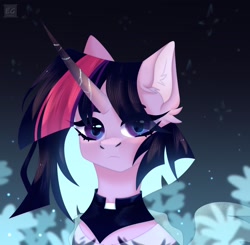 Size: 2048x2006 | Tagged: safe, artist:elektra-gertly, twilight sparkle, oc, oc only, oc:harmonical seraph, pony, alternate design, bust, choker, clothes, collar, ear fluff, female, glowing, glowing hair, high res, looking at you, mare, portrait, solo