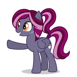 Size: 473x473 | Tagged: artist needed, safe, oc, oc only, oc:spotlight splash, pegasus, pony, female, folded wings, mare, multicolored hair, multicolored tail, orange eyes, pegasus oc, ponytail, raised hoof, shadow, simple background, smiling, solo, standing, tail, tail wrap, transparent background, vector, wings