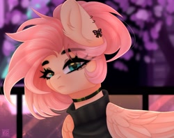 Size: 2048x1621 | Tagged: safe, artist:elektra-gertly, fluttershy, pegasus, pony, g4, choker, clothes, ear piercing, earring, female, fluttergoth, jewelry, looking at you, mare, piercing, ponytail, solo, sweater, turtleneck