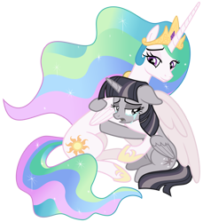 Size: 3200x3500 | Tagged: safe, alternate version, artist:cheezedoodle96, artist:wardex101, edit, princess celestia, twilight sparkle, alicorn, pony, g4, horse play, affection, comforting, comforting twilight, crying, discorded, discorded twilight, duo, female, floppy ears, high res, hug, mare, momlestia, momlestia fuel, motherly, reconciliation, remorse, sad, scene interpretation, simple background, sitting, transparent background, twilight sparkle (alicorn), twilight tragedy, vector, winghug, wings