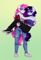 Size: 1403x2048 | Tagged: safe, artist:zowzowo, oc, oc only, oc:bubblegum kiss, oc:purple reign, unicorn, anthro, anthro oc, aviator sunglasses, breasts, bridal carry, carrying, cleavage, clothes, commission, converse, couple, duo, duo female, eye clipping through hair, eyebrows, eyebrows visible through hair, female, flannel, full body, glasses, gradient background, heterochromia, horn, jeans, leggings, pants, ripped jeans, ripped pants, shoes, simple background, sneakers, sunglasses, torn clothes, tube top, unicorn oc