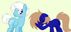 Size: 1477x682 | Tagged: safe, artist:feather_bloom, artist:pastel-pocky, oc, oc only, oc:blue_skies, oc:feather bloom(fb), oc:feather_bloom, earth pony, pegasus, pony, base used, couple, duo, eyes closed, female, hoof on head, lol, male, mare, oc x oc, rule 63, shipping, stallion