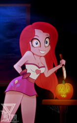 Size: 1306x2098 | Tagged: safe, artist:theretroart88, pinkie pie, equestria girls, g4, bare shoulders, breasts, busty pinkie pie, cleavage, clothes, female, halloween, holiday, knife, looking at you, miniskirt, pinkamena diane pie, pumpkin, skirt, sleeveless, solo, strapless
