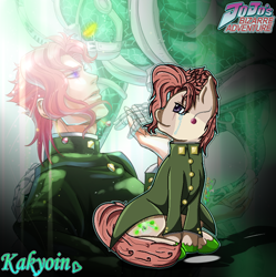 Size: 866x870 | Tagged: safe, artist:lisarasik21, human, pony, anime, button, cherry, clothes, crying, cutie mark, ear piercing, earring, food, green hooves, green jacket, heirophant green, jacket, jewelry, jojo's bizarre adventure, light skin, noriaki kakyoin, piercing, pink hair, pink mane, ponified, purple eyes, red hair, red mane, scar, sitting, smiling, stand, tears of joy
