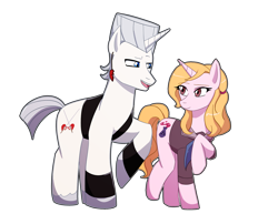 Size: 1750x1350 | Tagged: safe, artist:mikotonui, oc, oc:naomi, pony, unicorn, anime, arm bands, arm warmers, black tank top, blonde mane, clothes, crossover, crossover shipping, cutie mark, ear piercing, earring, female, gray mane, grey hair, heartbreak, horn, jean pierre polnareff, jewelry, jojo's bizarre adventure, light skin, male, mare, pale skin, piercing, pink skin, polnareff, ponified, shipping, simple background, stallion, straight, sword, transparent background, vase, weapon, white hair, white mane, yellow hair, yellow mane